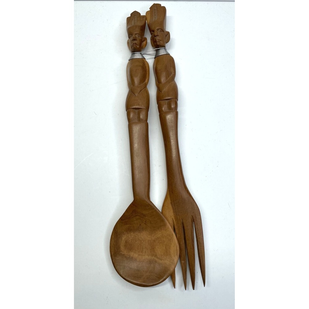 Vintage African Folk Art Fork & Spoon Hand Carved Wood Salad Set Wooden